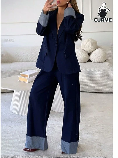 Bộ đồ công sở nữ cỡ lớn thanh lịch, màu trơn phối tương phản, cài một nút và có túi giả, thích hợp cho đi làm, mùa tựu trường/tốt nghiệp, công sở, mặc thường ngày.