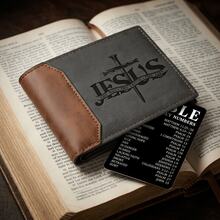 Christian Wallet Set For Men - Jesus Engraved Bifold Wallet & Bible Emergency Numbers Card, Religious Gift - Black - View 2