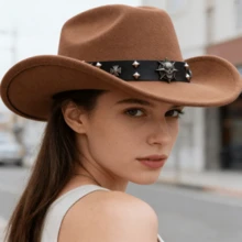 Retro Cowgirl Hat For Women Men Solid Color Wide Brim Western Cap With Rivet Cross Leather Belt - Khaki - View 2
