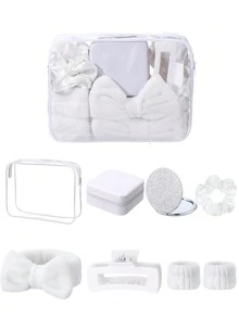 8pcs/Set Girls SPA Party Gift Set, Pink Pajama Party Supplies Including Bow Headband, Wristband, Hair Scrunchies, Hair Clips, Jewelry Box, Cosmetic Bag, Mirror, Suitable For Bridesmaid Favors - White - View 1