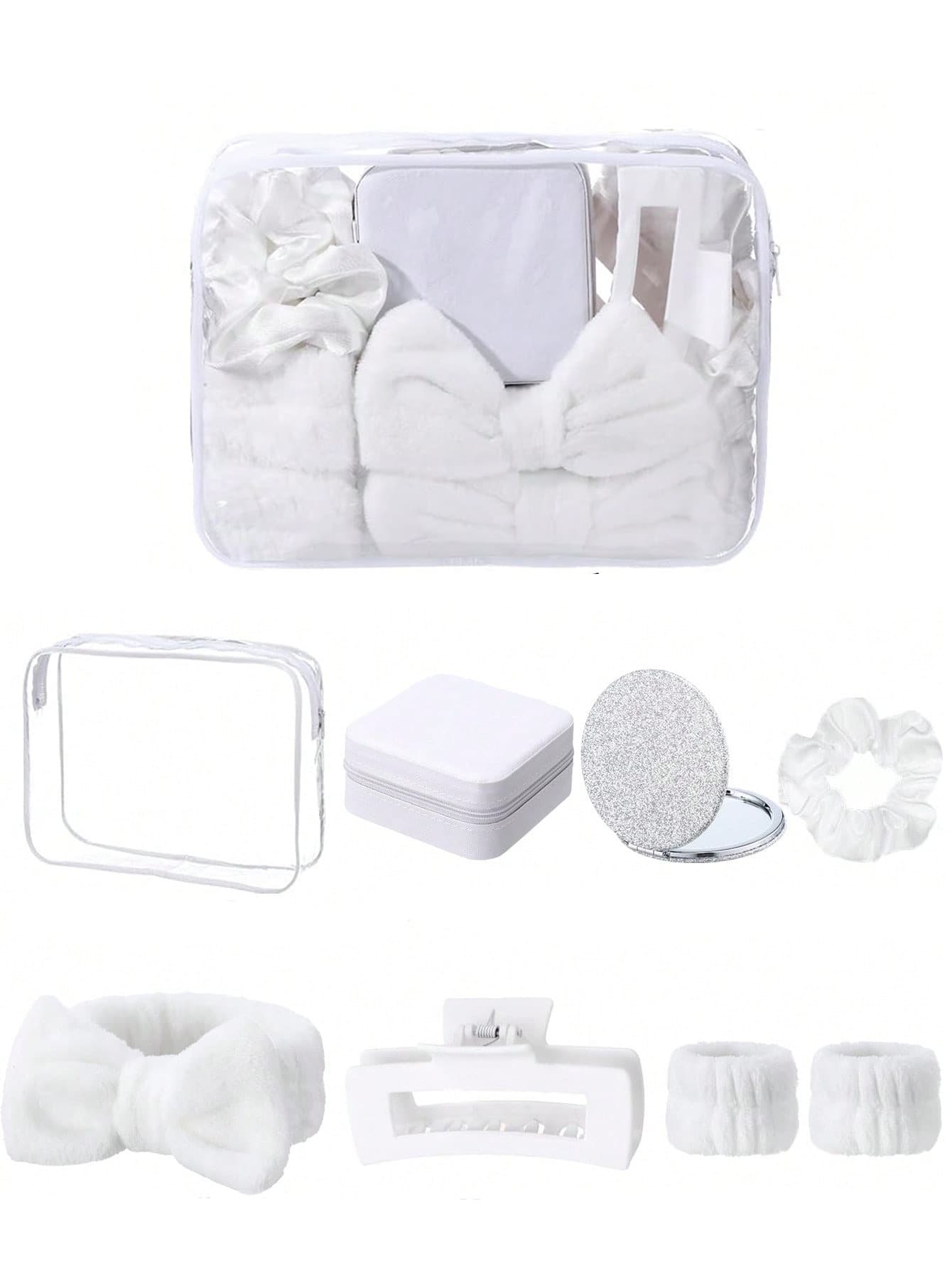 8pcs/Set Girls SPA Party Gift Set, Pink Pajama Party Supplies Including Bow Headband, Wristband, Hair Scrunchies, Hair Clips, Jewelry Box, Cosmetic Bag, Mirror, Suitable For Bridesmaid Favors - White - View 1