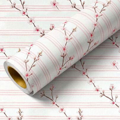  1 Cuộn giấy dán tường tự dính họa tiết sọc hồng hoa anh đào, rộng 44,5cm (17,5in), độ bám dính cao, chống thấm nước, thích hợp cho phòng ngủ, phòng khách, nhà thuê và trang trí nhà cửa.