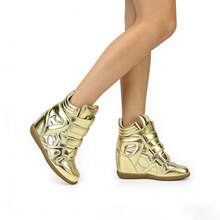 Hidden Wedge Sneakers For Women High Top Fashion Sneaker Suede High Heel Platform Tennis Triple Strappy Band Casual Vintage Dressy Comfy Campus  Retro Sneaker - Vàng - Xem 3
