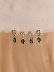 Bông tai bạc S925 không gây dị ứng hình trái tim đính đá CZ xanh lá cây, món quà tinh tế dành cho bạn gái và cũng thích hợp để đeo hàng ngày. - Vàng - Xem 6