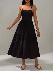 Midi Dresses With A Loose Fit And Layered Skirt With Thin Straps, Elegant For Women, Suitable For Everyday Wear. - 黑色 - 查看 1