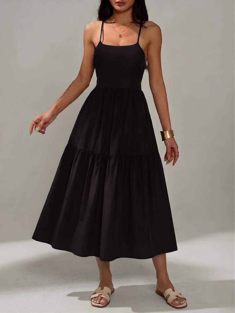 Midi Dresses With A Loose Fit And Layered Skirt With Thin Straps, Elegant For Women, Suitable For Everyday Wear. - 黑色 - 查看 1