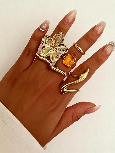 5pcs Exaggerated Personalized Orange Faux Gemstone Flower Rings Set For Women, Adjustable Open Design, Suitable For Daily Wear, Dates, Parties, Layering