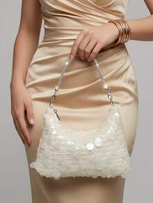 Women's Cream White 3D Sequin Hobo Shoulder Bag, Removable Chain Strap Evening Party Handbag - Champagne - View 3