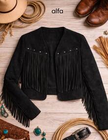 Chamarra Cazadora gamuza dama mujer vaquera con flecos y barbas, cazadora corta crop de ante sintético suave para otoño invierno, chaqueta femenina juvenil moderna para festivales vacaciones outfit casual ligero manga larga festival concierto musica - Negro - Ver 2