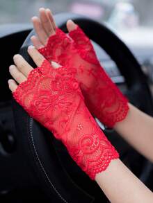 1 双女士蕾丝露指手套，透气，性感花卉饰边，适合航海、驾驶、骑行、婚礼、春夏等场合 - 漏指手套 - 查看 14
