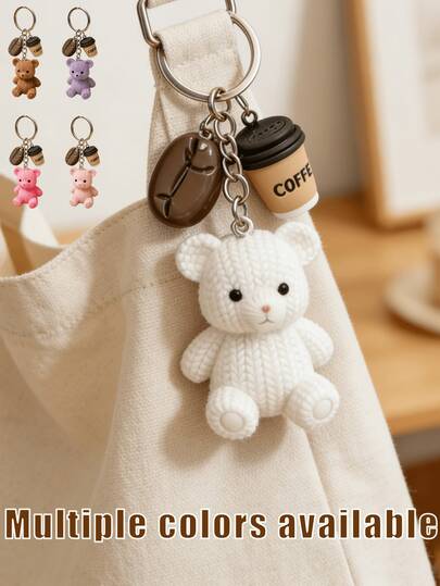1pc Cute Cartoon Bear Keychain With Coffee Cup And Coffee Bean Charms, Resin Bear Pendant Decoration For Bag, Women's Gift, Unique Car Key Chain Accessory