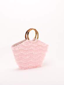 Women's Sweet Pink Ruffled Tulle Bamboo Handle Mini Tote Bag, Summer Fairy Style Vacation Top Handle Handbag - Pink - View 7