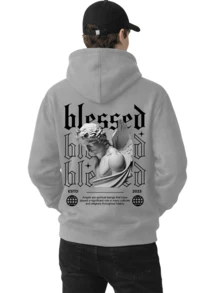 Men's Fleece Hoodie, Street Style,  Print, Statue Writing, Streetwear, Long Sleeve Hooded Sweatshirt, Unisex Jacket With Pocket. - 灰色 - 查看 1