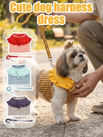 1套狗狗胸背带套装，防拉扯/防勒颈小型犬胸背带，猫狗通用胸背带，可爱狗狗胸背带裙，宠物牵引绳，幼犬护理，狗狗用品，牵引绳，防逃脱猫狗背心，适合中小型犬的背心式设计，狗狗日托，时尚可爱，舒适透气，易于穿脱，松紧度可调节，非常适合户外散步、公园玩耍、日常宠物散步和拍照，是送给您心爱宠物的理想礼物。