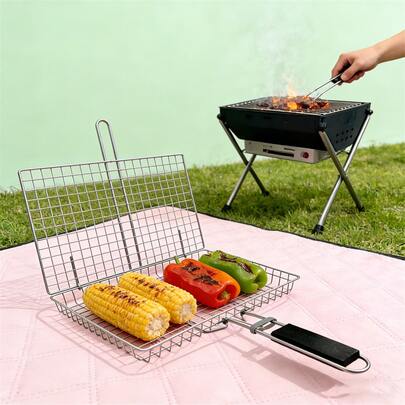 不锈钢烧烤篮 | 适用于烤鱼和蔬菜 | 便携式烧烤架 | 露营必备 | 可放入洗碗机清洗 | 半包