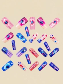 24pcs Watercolor Poppy Ombre Square False Nails, Long Lasting Spring Nail Art Decor, Y2K Style Nail Supplies - Multicolor - View 3