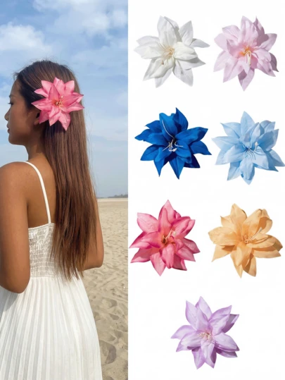 1 Pc Large Hawaiian Flower Hair Clips For Women Girls, Colorful Artificial Lily Floral Hairpins Boho Beach Vacation Hair Accessories For Summer Luau Party Wedding Headbands For Women, Hair Clips, Buns