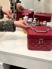 Multi-Color Mirror With Makeup Brush Storage, Rhombus Embroidered Pattern, Luxury Cosmetic Bag, All-In-One Portable Handheld Vanity Case, Bathroom Organizer, Boho Style Makeup Bag, Suitable For Vacation, Beach, Bathroom, Bedroom, Large Capacity - Multicolor - View 25