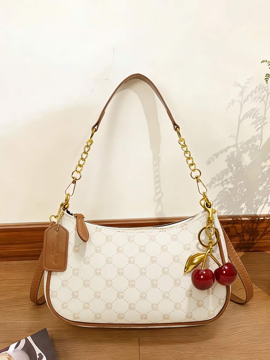 新款时尚经典黑色多功能防水PU材质，字母图案装饰设计，撞色拼接纯色新月形单肩包，链条肩背腋下包，樱桃吊坠装饰设计，女士商务通勤单肩包，轻便，适合购物和聚会，便携。 - 彩色 - 查看 1