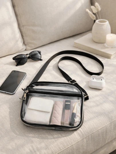 男女通用休闲透明斜挎包，简约PVC透明单肩包，迷你方形手机包，配有可调节肩带，符合体育场馆安全标准的透明手提包，适用于音乐会、体育赛事、节日庆典、旅行和海滩等场合。