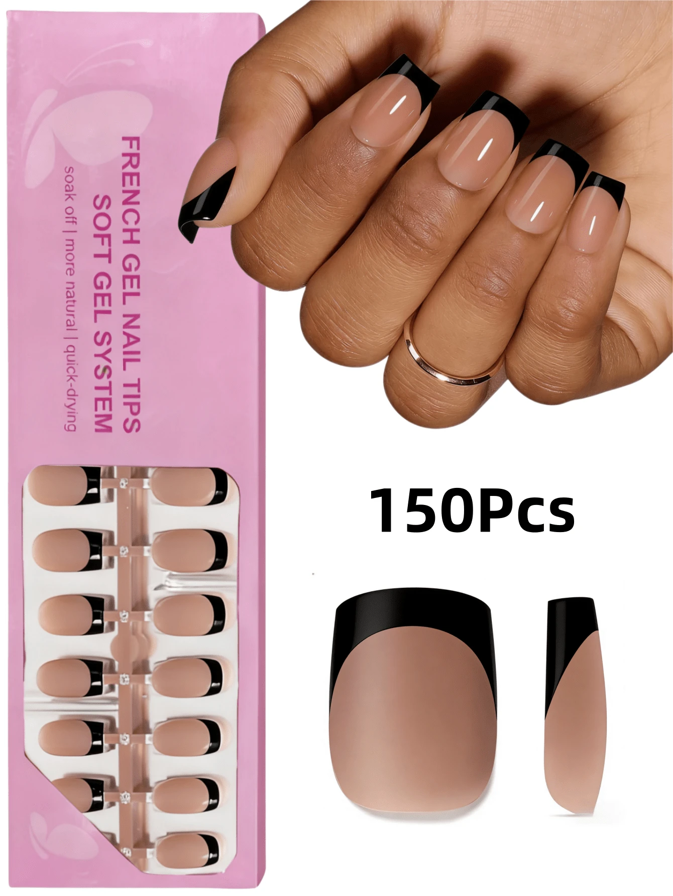 150pcs Rectangular French Manicure Nail Tips, Brown And Black French Soft Gel Nail Tips, Fake Nail Set, Suitable For DIY Manicure, Simple Multi-Purpose Style, 15 Sizes For Women