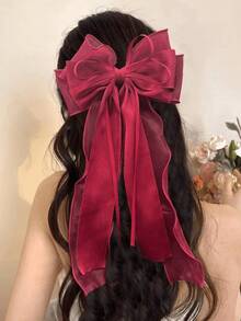 1pc Wine Red Mesh Super Large Bow Wave Ribbon Double-Layer Spring Clip, Elegant Soft Headpiece Hair Accessory, Mother's Day Gift - Burgundy - View 1