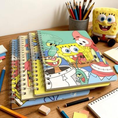 SpongeBob SquarePants 4本/套 可爱便捷的5A方块裤主题笔记本，120页螺旋装订卡通便签本，适用于节日、生日、记账等用途，也可用于工作、学习，是送给女性的理想礼物。随机图案颜色和款式，适合专卖店、毕业典礼、返校季等场合。