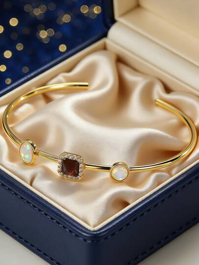 Verguld open damesarmband, versierd met opaal en bruine zirkonia, minimalistische elegante stijl, geschikt voor dagelijks gebruik en werk, een ideaal cadeau voor modebewuste vrouwen.