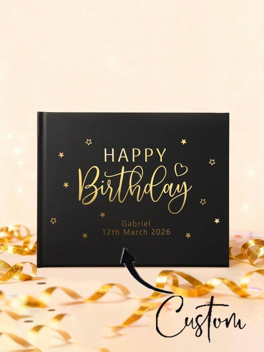Customized Black Or White Horizontal Guest Book, Personalized Birthday Party Sign-In Book, Black And Gold Photo Frame Album For Wedding Birthday Party, Event Supplies - Multicolor - View 1
