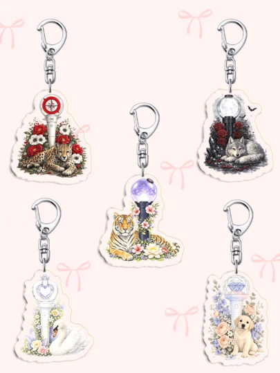 1pc/5pcs Acrylic K-Pop Floral & Animal Lightstick Keychain, Featuring , B/TS, I/VE & Designs With Cheetah, Wolf, Tiger, Swan & Puppy Animal Accents & Floral Decor, Perfect Collectible Gift For STAY, ENGENE, ARMY, DIVE & CARAT Fans, Ideal For Backpack & Key Decor.Everyday Bag Accessory, Bag Charm, Lanyard, Key Holder. Ideal For Boyfriends, Girlfriends, Family Members, Doctors, Nurses, Party Gifts, Cell Phone Decorations, And More.