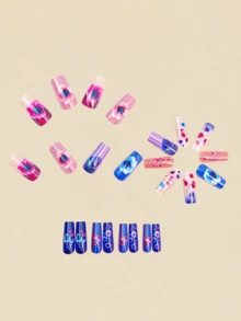 24pcs Watercolor Poppy Ombre Square False Nails, Long Lasting Spring Nail Art Decor, Y2K Style Nail Supplies - Multicolor - View 2