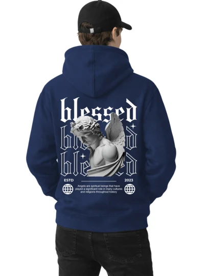 Moletom Masculino Flanelado Estilo Street Estampa Abençoado Escrito Estatua Streetwear Blusa de Frio Manga Longa Com Capuz Casaco Unissex Com Bolso