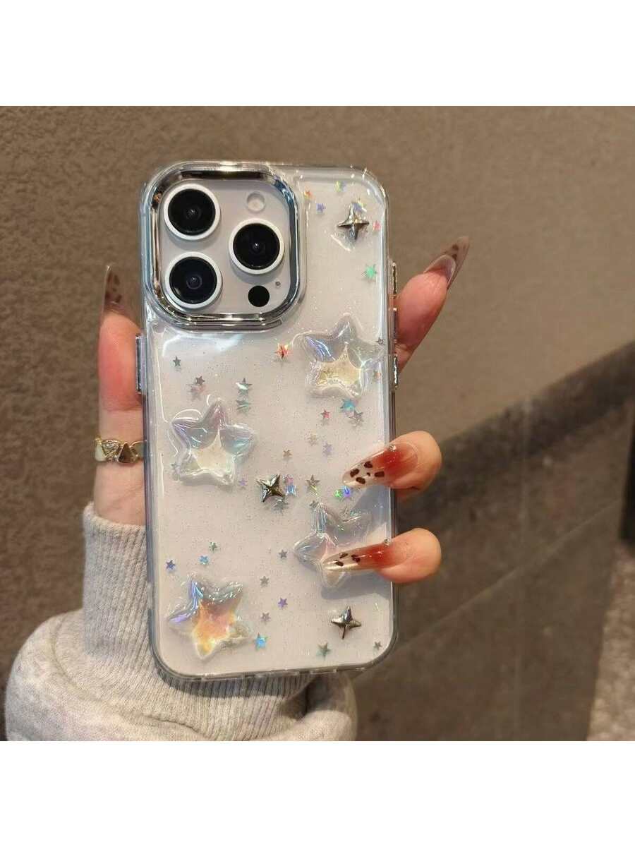 韩国亮片环氧树脂亚克力星星透明电镀镜头保护手机壳，兼容17/16/15/14/13/12/11 Pro Max，时尚后盖 - 無色 - 查看 1