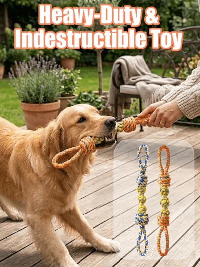 1 món đồ chơi cho chó, đồ chơi kéo co tương tác, dây thừng bền và giúp làm sạch răng, dây thừng chuyên dụng cho thú cưng giúp mài răng, đồ chơi làm sạch răng cho thú cưng, đồ chơi dây thừng tiêu hao năng lượng, một chú cún con hạnh phúc đang chơi đùa vui vẻ, chú cún con hạnh phúc, một chú cún con đang chơi đùa.