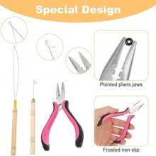 Bộ dụng cụ nối tóc màu hồng bao gồm kìm kéo tóc, móc nối tóc và 100 vòng nối tóc nhỏ. - Xem 4