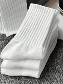 5 Pairs Men's Mid-Calf Socks For Autumn/Winter, White, Odor-Resistant, Moisture-Wicking, Breathable Sports Socks - White - View 3