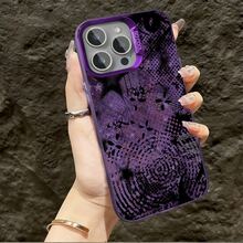 Grunge Purple Black Abstract Floral Halftone Pattern IMD Purple Matte Phone Case, High-End Atmospheric,  Compatible With Apple 17 Pro Max/17 Air/16 Pro Max/15/14 Plus/13/12/11, Waterproof Shockproof Anti-Fall Scratch Resistant - 紫色 - 查看 3