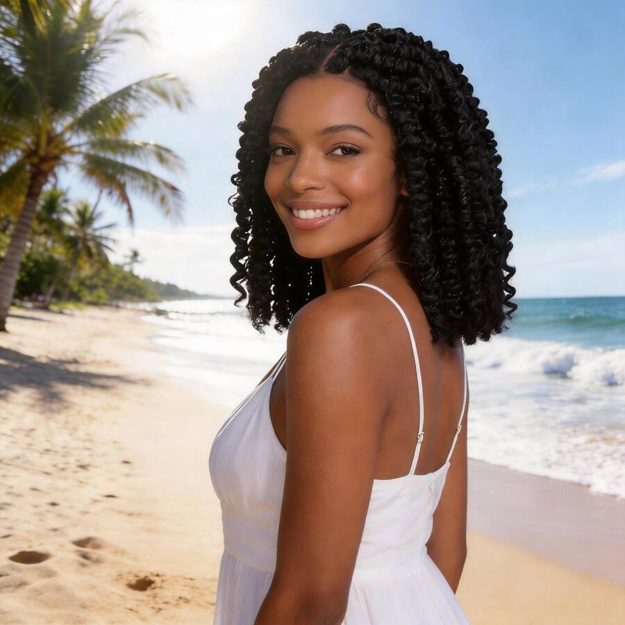 Tóc giả xoăn bồng bềnh chịu nhiệt mới nhất với tóc con, kiểu tóc giả ren phía trước HD. - màu đen - Xem 1