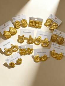 18 Pieces / Sets - 9 Pairs Of Fashionable Personalized Random Style Stainless Steel Earrings Set, Stainless Steel Gold-Plated Ear Studs, Ear Pendants, Low-Allergenic, Anti-Allergic Ear Studs, Gift For Classmates And Friends (Random Shipment) - Multicolor - View 2