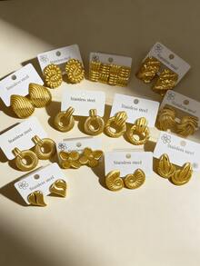 18 Pieces / Sets - 9 Pairs Of Fashionable Personalized Random Style Stainless Steel Earrings Set, Stainless Steel Gold-Plated Ear Studs, Ear Pendants, Low-Allergenic, Anti-Allergic Ear Studs, Gift For Classmates And Friends (Random Shipment) - Multicolor - View 4
