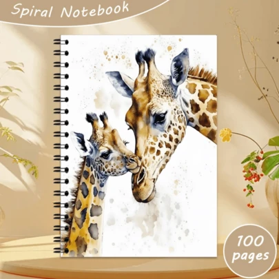 1 pieza Cuaderno de espiral con tema de jirafa en acuarela tamaño A5, 50 hojas (100 páginas), líneas de 8 mm, encuadernación de 180° plana, escritura suave. Lleno de ternura, curación y amor, adecuado para llevar un diario, tomar notas, uso de oficina y escritura diaria. Un regalo perfecto para familiares y amigos en ocasiones como Pascua, Halloween, Día de la Madre, Navidad y talla grande.