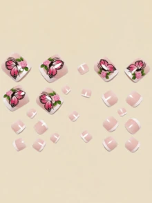 24pcs Nude Butterfly & Rose Shaped False Nails And Nail Tips, Y2K Style Square Short Manicure Supplies - Pink - View 2