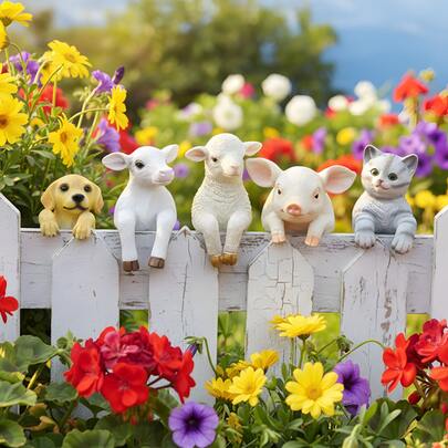 一套多尺寸可爱树脂花园围栏装饰系列，乡村风格，包括黄色小狗/白色奶牛/米色绵羊/粉色小猪/灰色猫咪，爬行围栏设计，逼真的动物表情/复古围栏纹理，适用于庭院、花园装饰、户外派对、春夏。