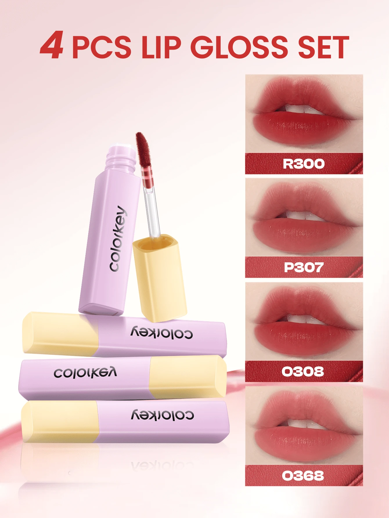 COLORKEY 4pcs Mini Lip Gloss Set, Waterproof Matte Liquid Lipstick, Non-Stick, Long-Lasting And Non-Stick, For Spring Summer Ideal, Reduce Lip Fine Lines Liquid Lipstick Travel Set Lip Combo, Brand Beauty, Makeup Face Paint Cosmetic, For Women Girls Perfect, For Spring Summer Ideal, For Y2K Fancy Fashion, Suitable For Birthday, Mother's Day Gift, Rave Party Ready, Best Color, 90S Retro Glam Makeup Look, For Travel, Prom Makeup - Watery Lip Tint Gift Set - 查看 1