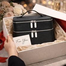Double Layer Makeup Vanity Case, Large Capacity Cosmetic Bag With Removable Divider & Brush Organizer, Travel Toiletry Bag For Women, Portable PU Leather Organizer With Handle - 黑色 - 查看 5