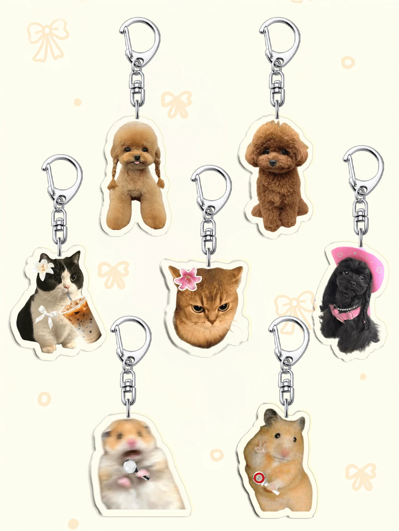 1件/7件套可爱亚克力宠物钥匙扣套装，包含贵宾犬、黑白（奶牛）猫和仓鼠，饰有应援棒和应援图案，可爱包包配饰，趣味饰品，宠物爱好者、ARMY和STAY粉丝的完美礼物，适合装饰背包、手机和钥匙，也是送给母亲、父亲、毕业生和老师的理想礼物。 - 彩色 - 查看 1