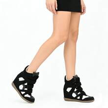 Hidden Wedge Sneakers For Women High Top Fashion Sneaker Suede High Heel Platform Tennis Triple Strappy Band Casual Vintage Dressy Comfy Campus  Retro Sneaker - 黑與白 - 查看 6