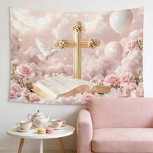 1pc Elegant Wedding & Baptism Banner With Cross  Bible Pink Rose - Clouds Balloons Suitable For Holy Communion, Christening, Wedding Decorations, Shower - 2D Flat Fabric Banner Decor, Photography Props, Durable Party Backdrop |   Outdoor Garden Decor | Party Decor, Holiday Decor, Background Cloth - Kiểu_1 - Xem 8
