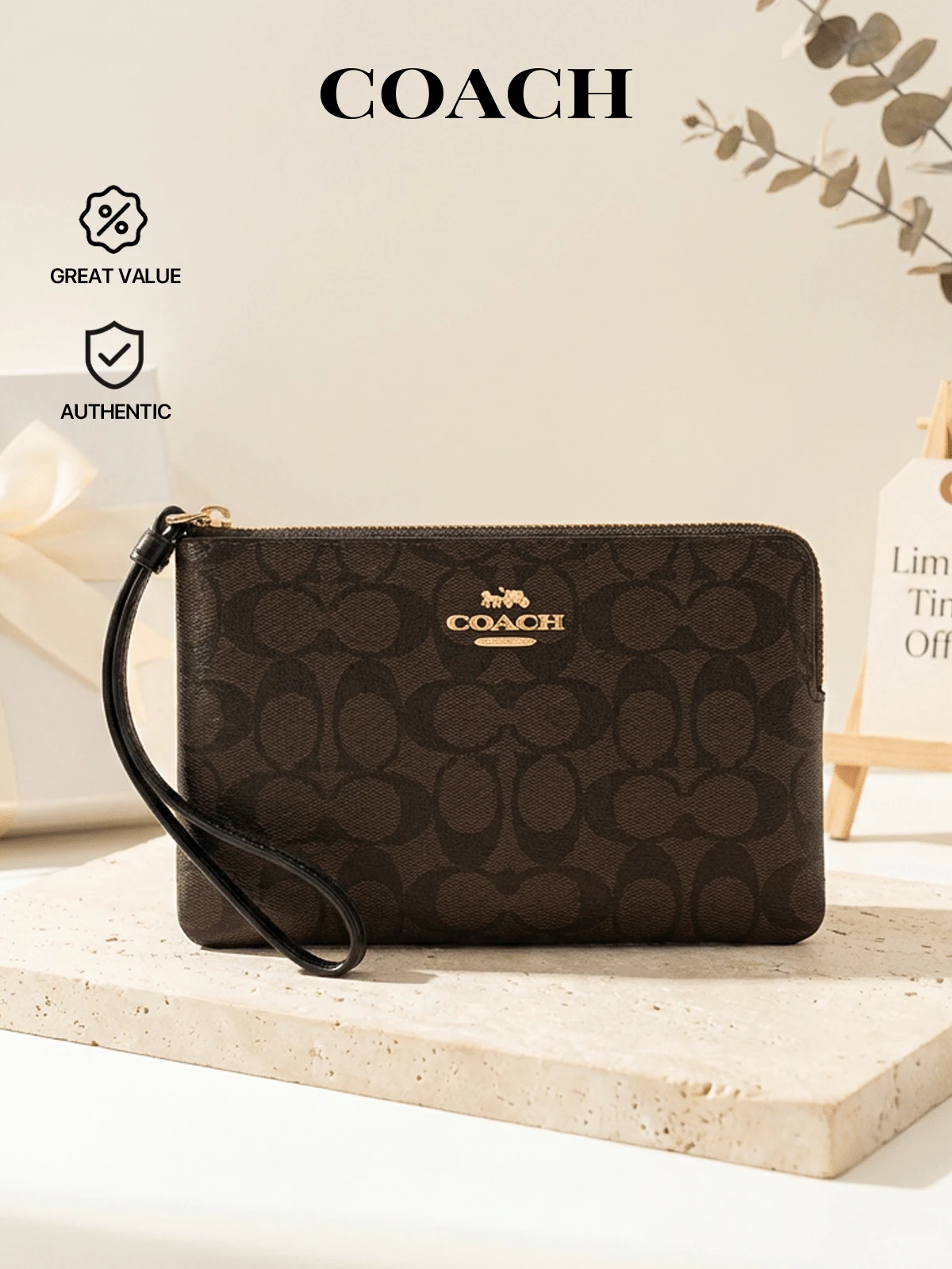 Coach 经典帆布大号转角拉链腕包 - 女士手拿包卡包小钱包拉链钱包手提包 - 时尚奢华包袋，设计时尚，皮革材质 - 旅行必备日常使用 - 礼品 - 正品保证 - 黑色 - 查看 1