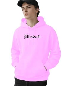 Men's Fleece Hoodie, Street Style,  Print, Statue Writing, Streetwear, Long Sleeve Hooded Sweatshirt, Unisex Jacket With Pocket. - 淺粉色 - 查看 4